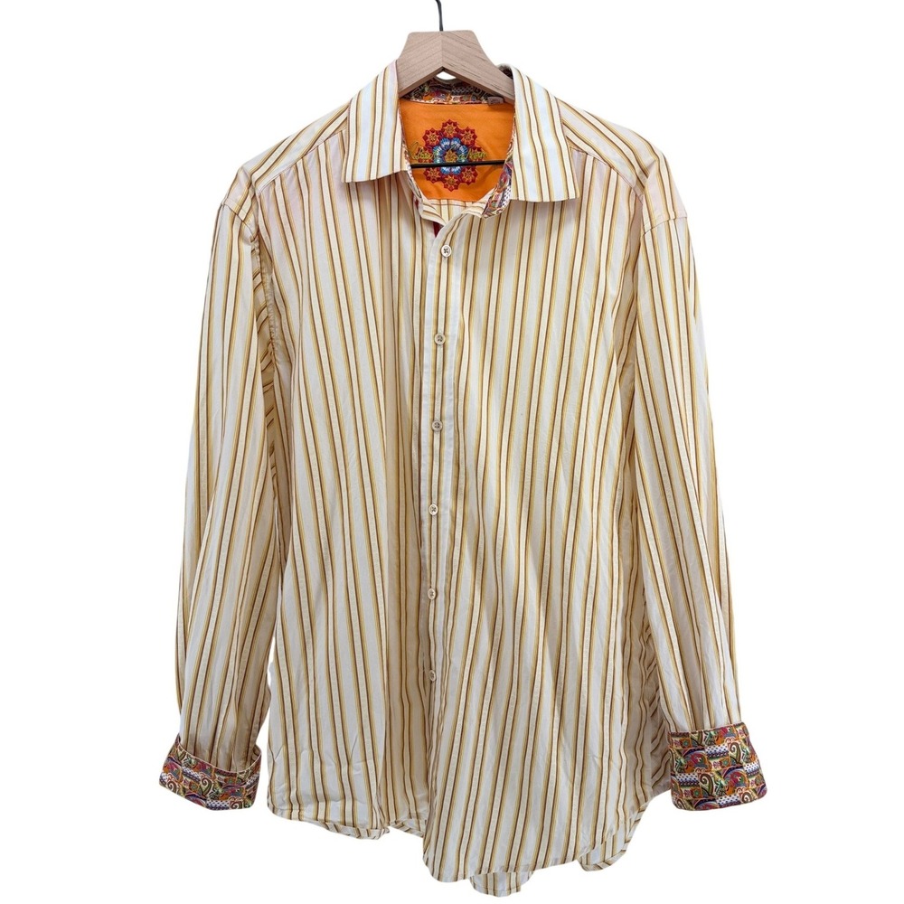 Robert‎ Graham Mens Striped Jacquard Button Down Shirt Cream Yellow Orange XL